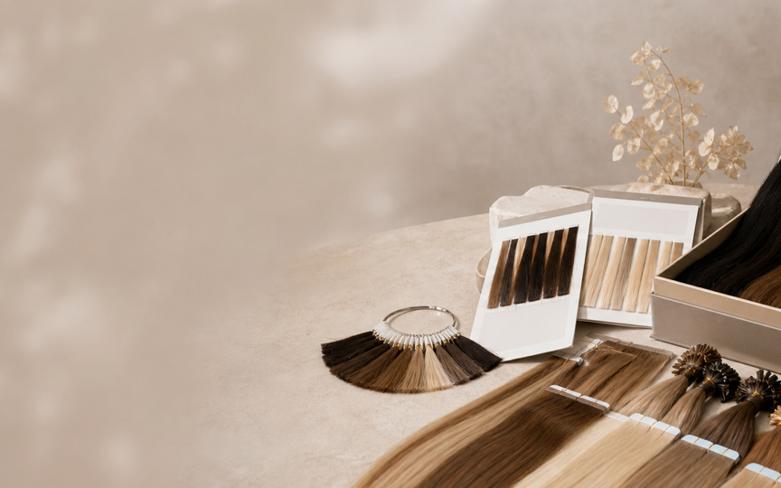 Human hair extension sample kit and colour swatches